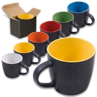 Matte black grade A ceramic mug with glossy colored interior (0.35 L), suitable for dishwashers and microwaves, black box