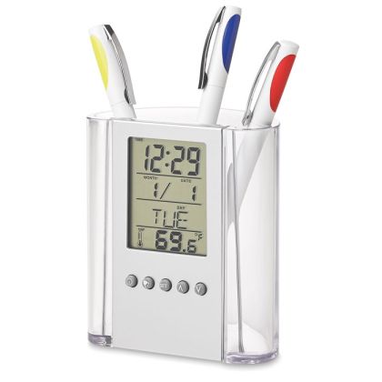 Multifunctional pen holder featuring a calendar, alarm clock, and thermometer. 