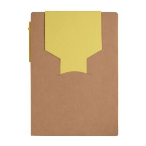 Recycled-paper notepad with cardboard pen and sticky notes
