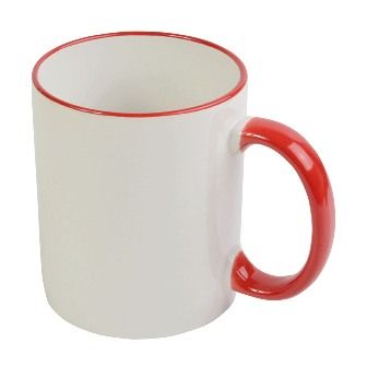 White ceramic mug with colored elements 