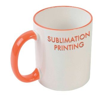 White ceramic mug with colored elements 