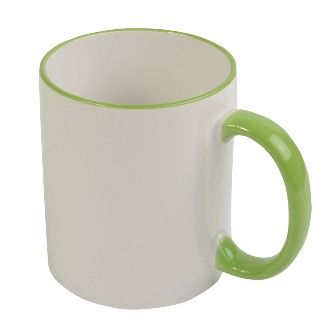 White ceramic mug with colored elements 