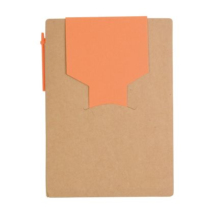 Recycled-paper notepad with cardboard pen and sticky notes